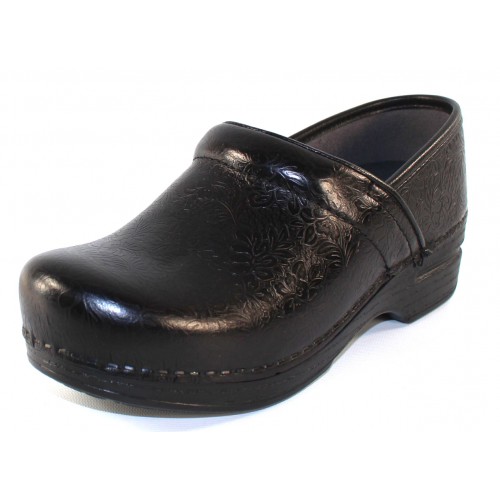 dansko brown tooled leather clogs